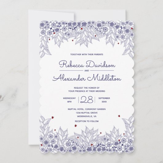 Elegante Blue White Scalloped Wedding Einladung (Vorderseite)