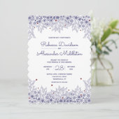 Elegante Blue White Scalloped Wedding Einladung (Stehend Vorderseite)