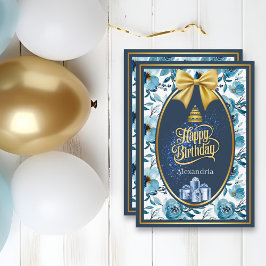 Elegante Blue White Watercolor Floral Geburtskarte