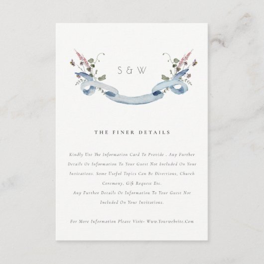 Elegante Blue Wildblume Ribbon Wedding Details Begleitkarte (Vorderseite)