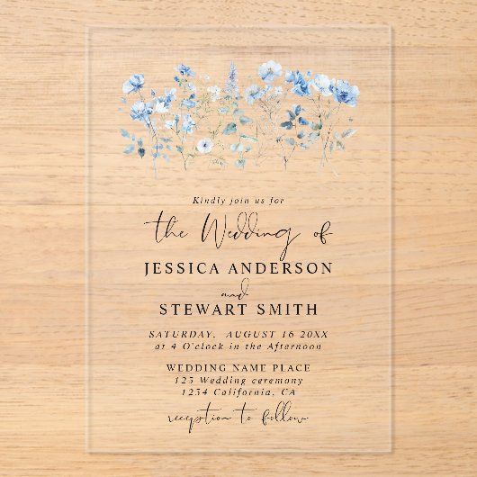 Elegante Blue Wildblumen Blumenhochzeit Acryleinladungen (Vorderseite)