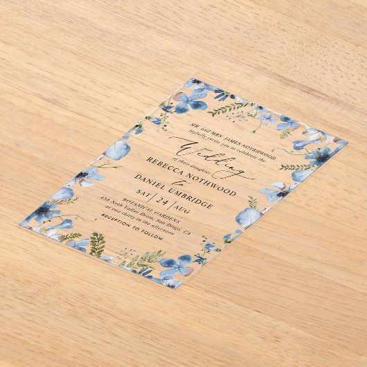 Elegante Blue Wildblumen Hochzeit Acryleinladungen (Ablage )