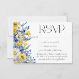Elegante Blue Yellow Wildblumen QR Code Hochzeit RSVP Karte