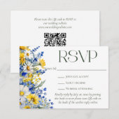 Elegante Blue Yellow Wildblumen QR Code Hochzeit RSVP Karte (Vorne/Hinten)