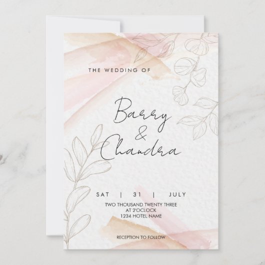 Elegante Blues Rosa Hochzeit Einladung (Vorderseite)