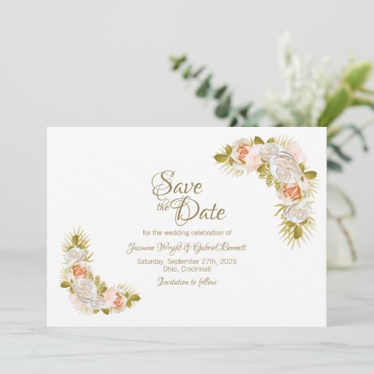 Elegante Blues Rosa Hochzeit Save The Date (Stehend Vorderseite)