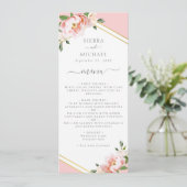 Elegante Blues Rosa Hochzeitsempfehlung Menükarte (Stehend Vorderseite)