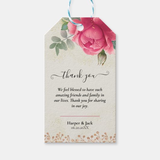 Elegante Blues Rosa Rose Hochzeit Geschenkanhänger (Vorderseite)