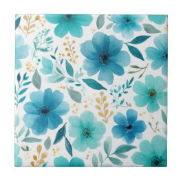 Elegante blühende Blume Blau Botanische Wasserfarb Fliese