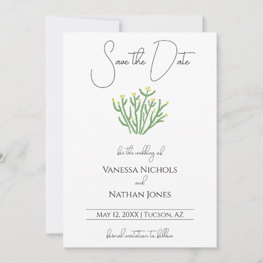 Elegante, blühende Cholla Cactus Save the Date Car (Vorderseite)