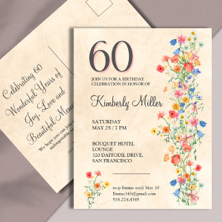 Elegante Blume 60 Jahre Party Flora 60. Geburtstag Einladungspostkarte
