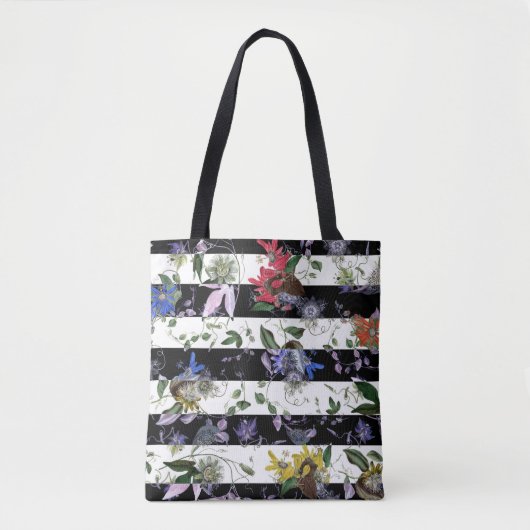 Elegante Blume auf schwarzen und weißen Streifen Tasche (Vorderseite)