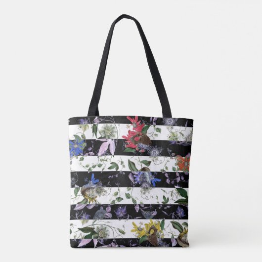 Elegante Blume auf schwarzen und weißen Streifen Tasche (Rückseite)