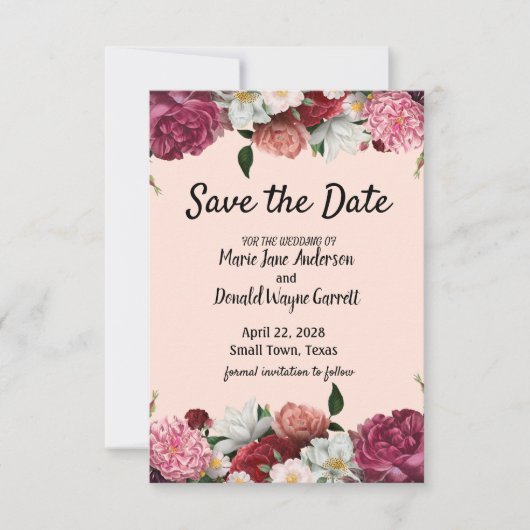 Elegante Blume aus Burgund und Rosa Save The Date (Vorderseite)