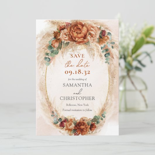 Elegante Blume aus Kupfer und Bordeaux Save The Date (Stehend Vorderseite)