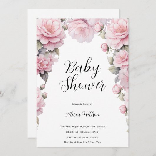 Elegante Blume Babydusche Einladung (Vorne/Hinten)