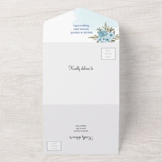 Elegante Blume Blaue Personalisierte Hochzeit All In One Einladung (Außenbereich)