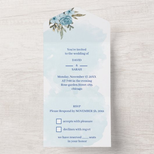 Elegante Blume Blaue Personalisierte Hochzeit All In One Einladung (Innen Boden)