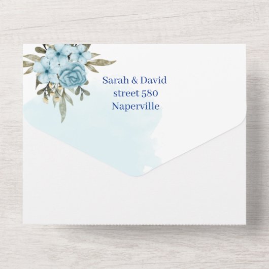 Elegante Blume Blaue Personalisierte Hochzeit All In One Einladung (Rückseite)
