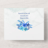 Elegante Blume Blauer individueller Hochzeitsservi All In One Einladung (Rückseite)