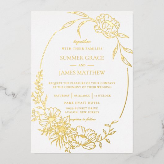 Elegante Blume Botanische Linie Hochzeit Folieneinladung (Vorderseite)
