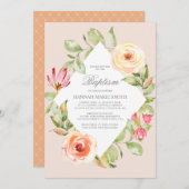 Elegante Blume Diamantpfirsich Taufe Einladung (Vorne/Hinten)