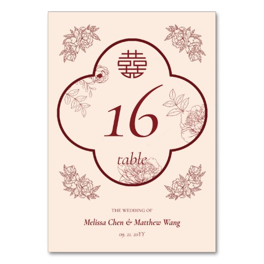 Elegante Blume Double Xi Wedding Tischnummer (Vorderseite)