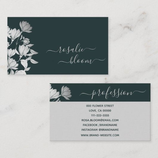 Elegante Blume Einfaches Blumenmuster Dunkelgrün Visitenkarte (Vorne/Hinten)