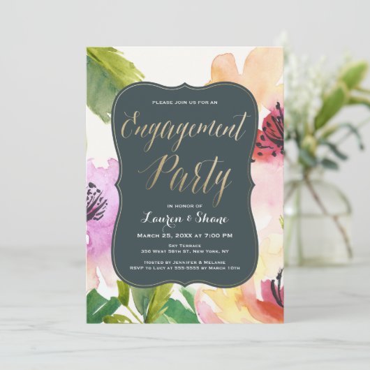 Elegante Blume - Einladung zur Gold-Engagement-Par (Stehend Vorderseite)