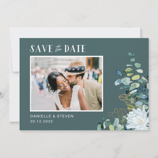 Elegante Blume Eukalyptus Foto Hochzeit Save The Date (Vorderseite)