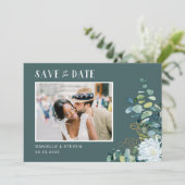 Elegante Blume Eukalyptus Foto Hochzeit Save The Date (Stehend Vorderseite)
