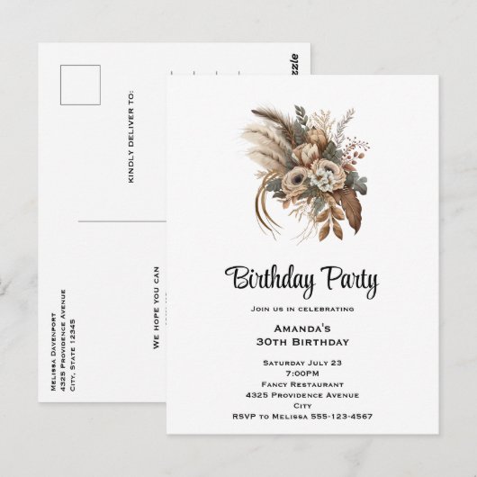 Elegante Blume Folage und Feather Birthday Party Postkarte (Vorne/Hinten)