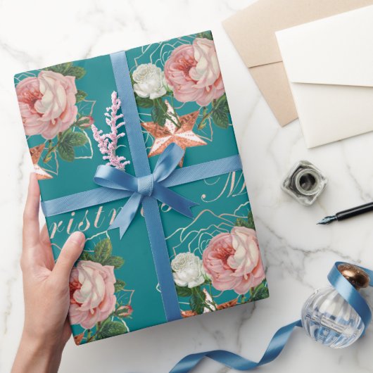 Elegante Blume Frohe Weihnachten Rose Gold Glitzer Geschenkpapier (Schenken)