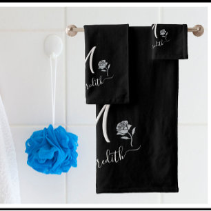 Elegante Blume für Schwarz-weiße Monogrammnamen Badhandtuch Set