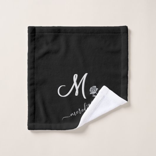 Elegante Blume für Schwarz-weiße Monogrammnamen Badhandtuch Set (Waschlappen)