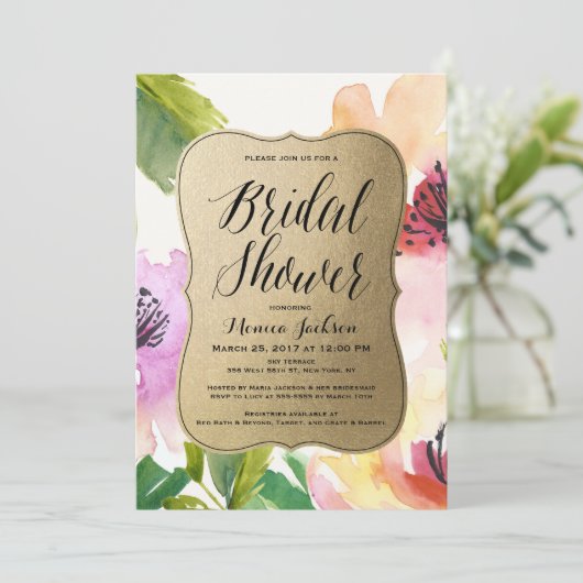 Elegante Blume Gold | Brautdusche Einladung (Stehend Vorderseite)