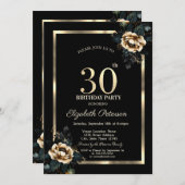 Elegante Blume Gold Frame Black 30. Geburtstag Einladung (Vorne/Hinten)