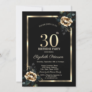 Elegante Blume Gold Frame Black 30. Geburtstag Einladung