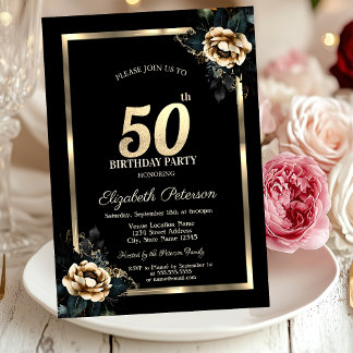 Elegante Blume Gold Frame Black 50. Geburtstag Einladung