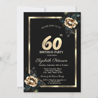 Elegante Blume Gold Frame Black 60. Geburtstag Einladung
