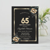Elegante Blume Gold Frame Black 65. Geburtstag Einladung (Stehend Vorderseite)