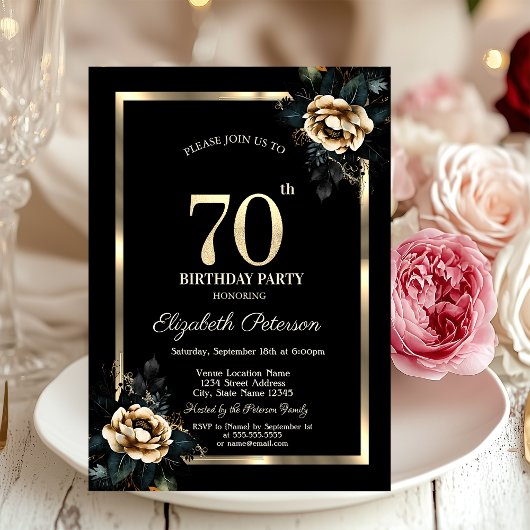 Elegante Blume Gold Frame Black 70. Geburtstag Einladung