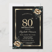 Elegante Blume Gold Frame Black 80. Geburtstag Einladung (Vorderseite)