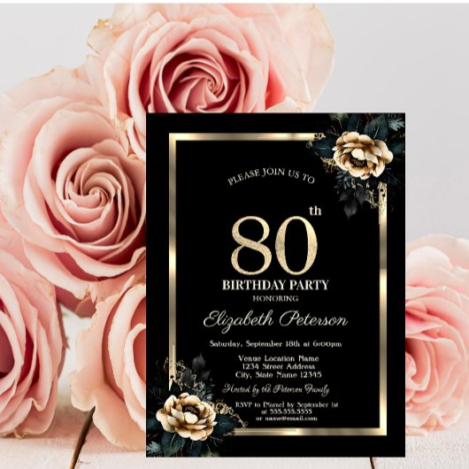 Elegante Blume Gold Frame Black 80. Geburtstag Einladung