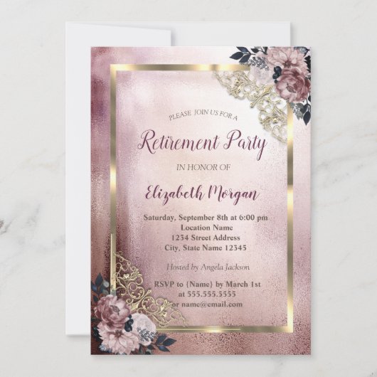 Elegante Blume Gold Frame Retirement Einladung (Vorderseite)