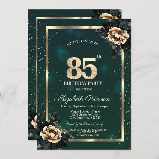 Elegante Blume Gold Frame Stars Green 85. Einladung (Vorne/Hinten)