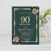 Elegante Blume Gold Frame Stars Green 90. Einladung (Stehend Vorderseite)