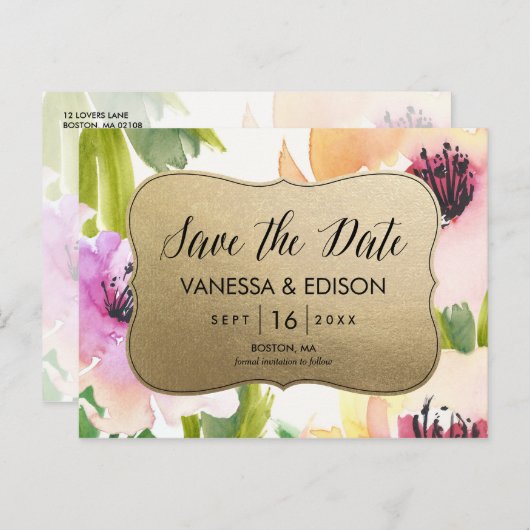 Elegante Blume Gold | Save The Date Ankündigungspostkarte (Vorne/Hinten)