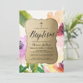 Elegante Blume Gold | Taufe Einladung (Stehend Vorderseite)