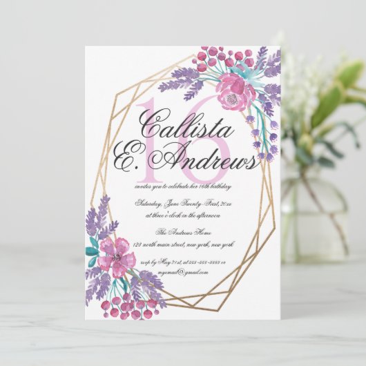 Elegante Blume Gold Terrarium Wasserfarbe Süß 16 Einladung (Stehend Vorderseite)